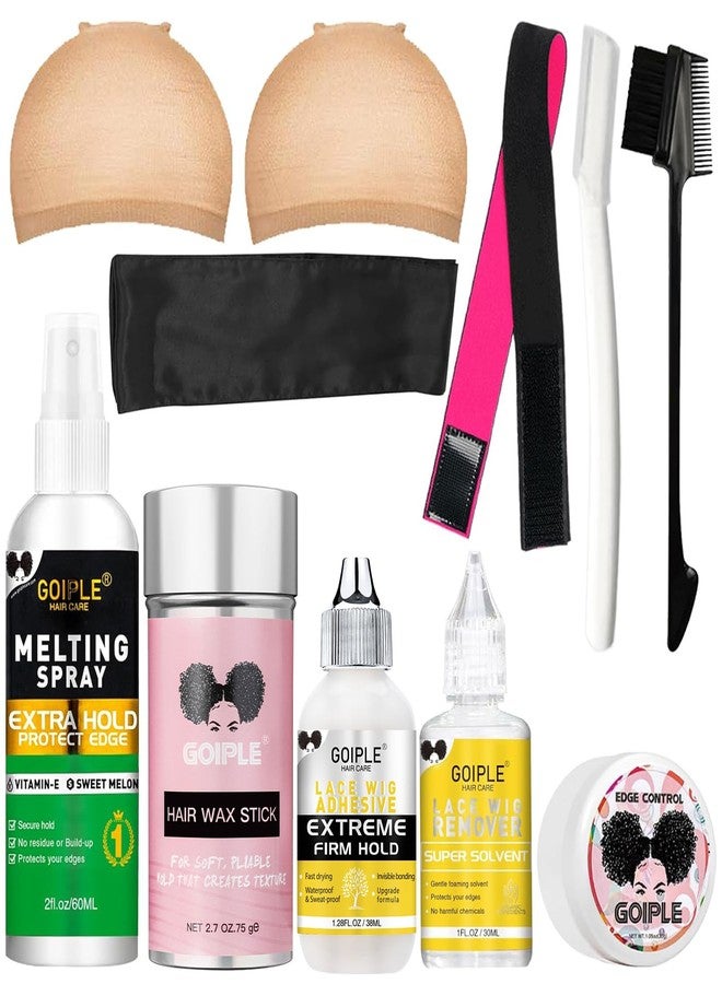 Goiple Wig Accessory Essentials Kit Lace Front Wig Glue & Remover, Wig Caps, Elastic Band, Hair Wax Stick, Edge Control, Edge Brush, Hair Shear Dermaplanning Razor Tool and Edge Scarf - 10PCS - Image 1